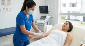 Fisioterapeuta realizando drenaje linfático manual para tratar el linfedema de brazo en Lima.