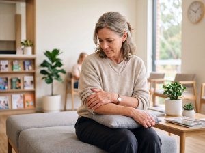 Mujer tocándose suavemente el brazo tras sentir pesadez por riesgo de linfedema de brazo.