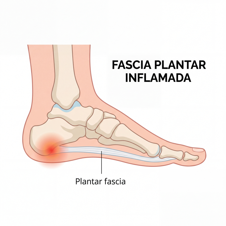 Infografía de la anatomía del pie mostrando la fascia plantar inflamada causante del dolor de talón.