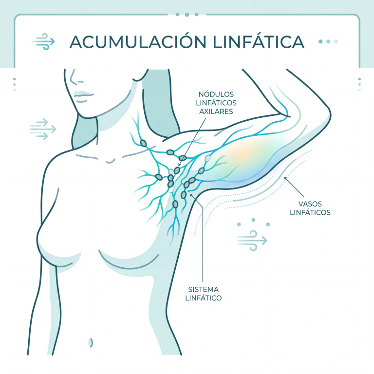 Infografía médica que explica la acumulación de líquido en el linfedema de brazo.