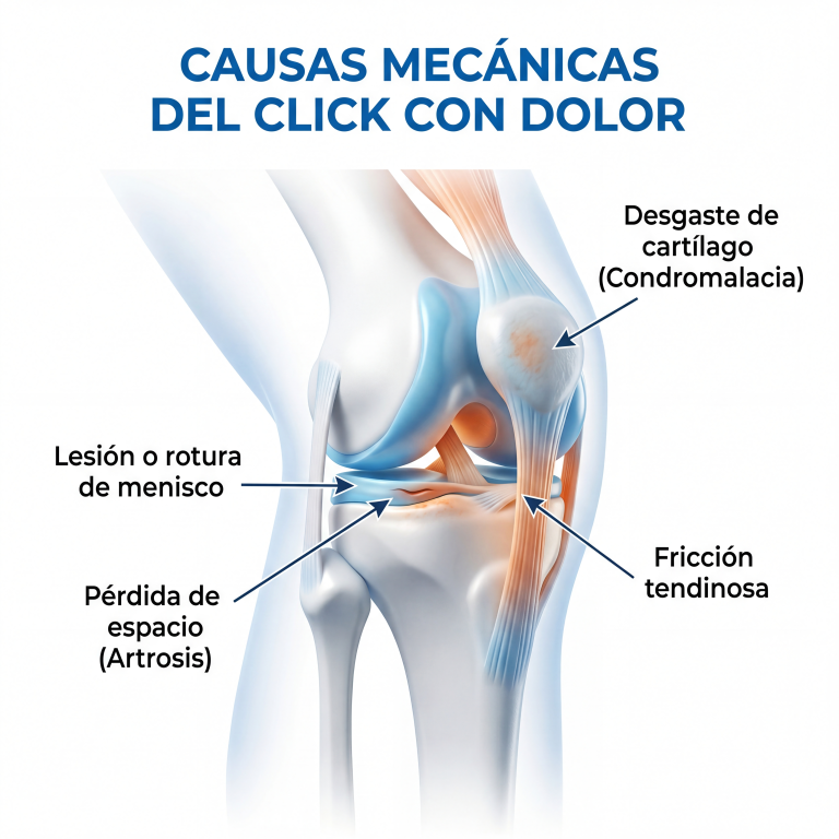 Ilustración de la anatomía de la rodilla mostrando el cartílago, meniscos y áreas de desgaste.