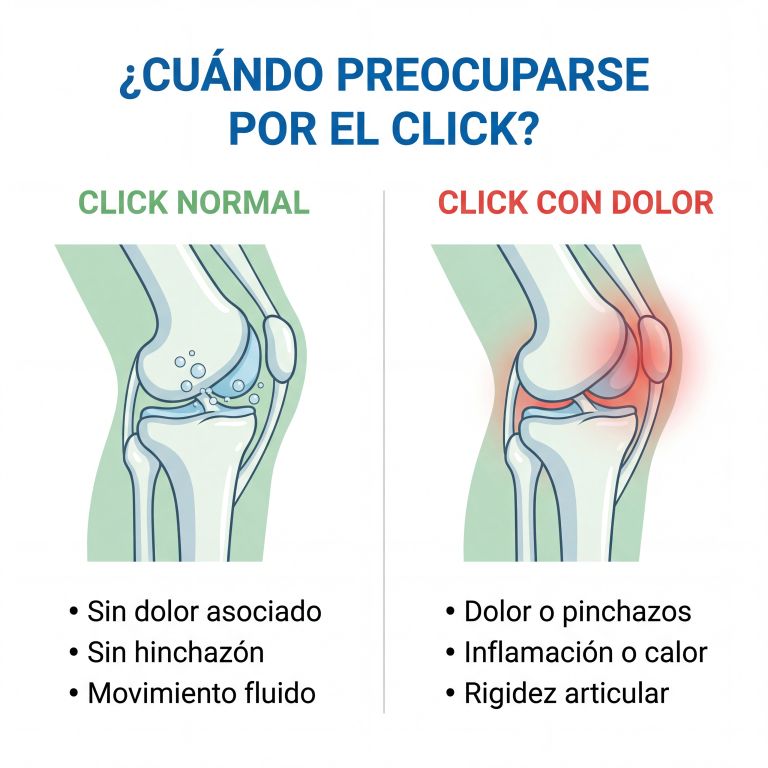Infografía que explica la diferencia entre un chasquido normal y uno asociado al dolor de rodilla.