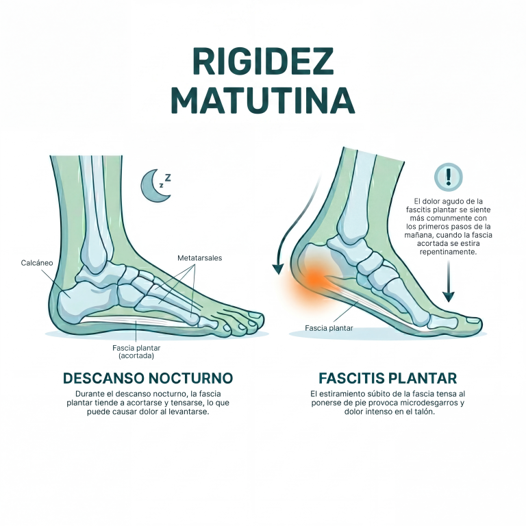 Infografía que explica por qué la fascia plantar se retrae de noche causando dolor en la mañana.