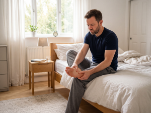 Hombre sentado en el borde de la cama tocándose el talón por dolor de fascitis plantar.