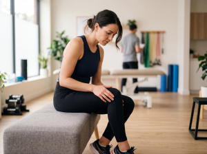 Paciente tocándose la pierna tras sentir dolor de rodilla y escuchar un click articular.