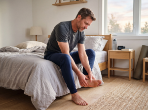 Hombre deportista sentándose en la cama tocándose el pie por fascitis plantar dolor mañana