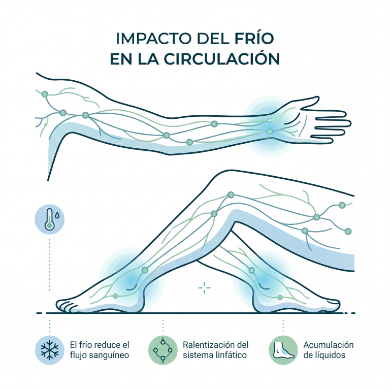Infografía médica sobre cómo el frío empeora la hinchazón y por qué requiere un linfedema tratamiento Lima.