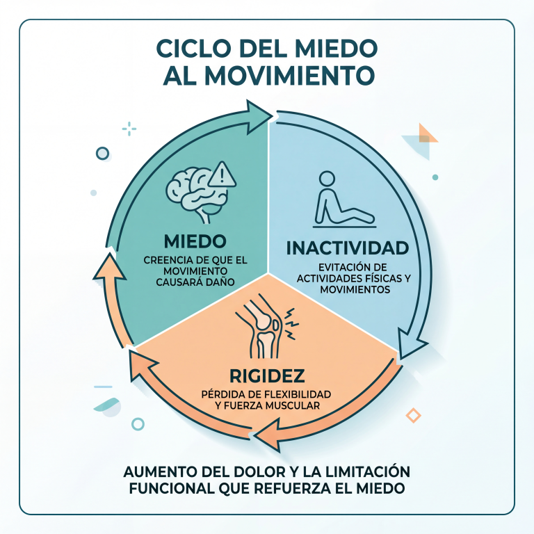 Infografía clínica sobre el miedo al movimiento y cómo superarlo con fisioterapia oncológica.