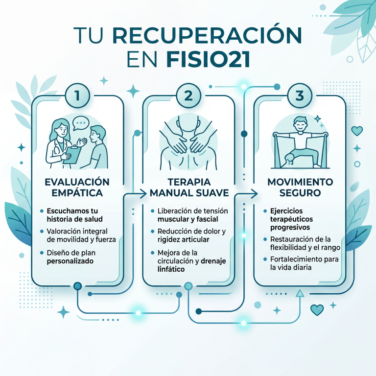 Proceso de evaluación manual y acompañamiento integral en nuestra clínica Fisio21 Miraflores.