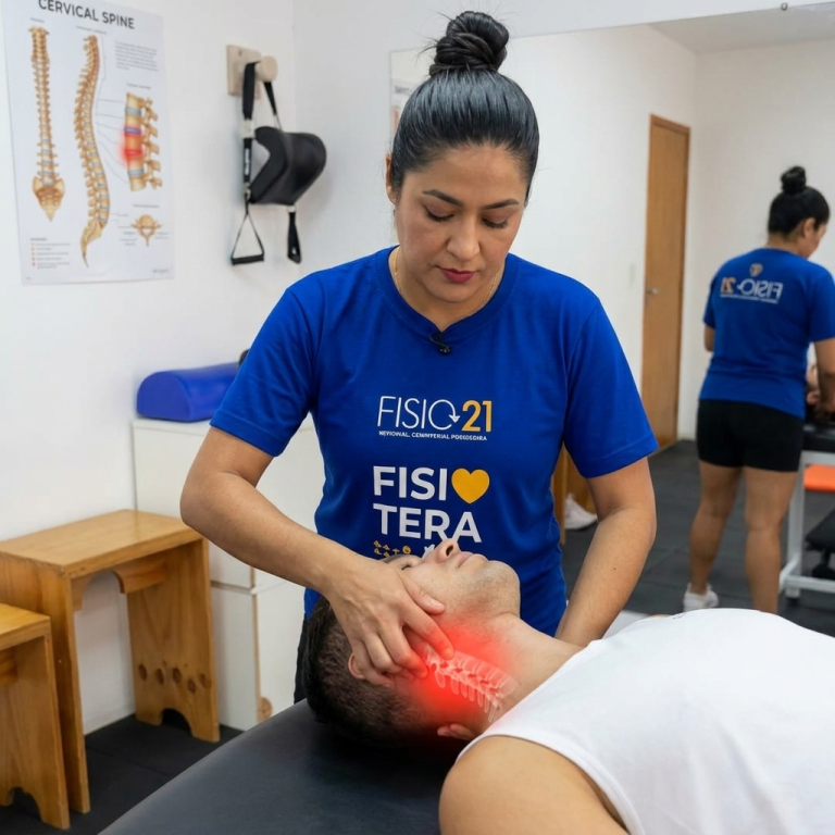 Sesión de fisioterapia para dolor de cuello en Fisio21 Miraflores