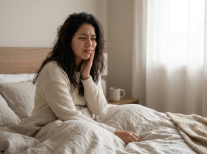 Mujer tocándose la mandíbula al despertar por bruxismo nocturno