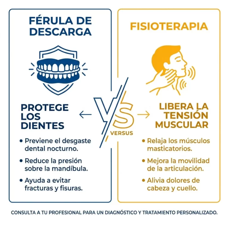 Infografía comparando la férula de descarga y la fisioterapia para bruxismo