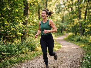 Mujer riendo activamente al aire libre