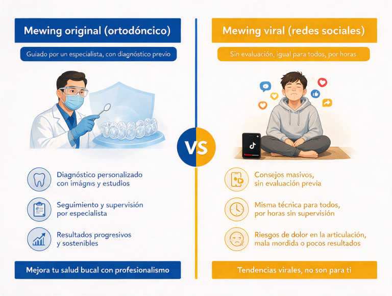 Infografía comparando el mewing original y el mewing viral