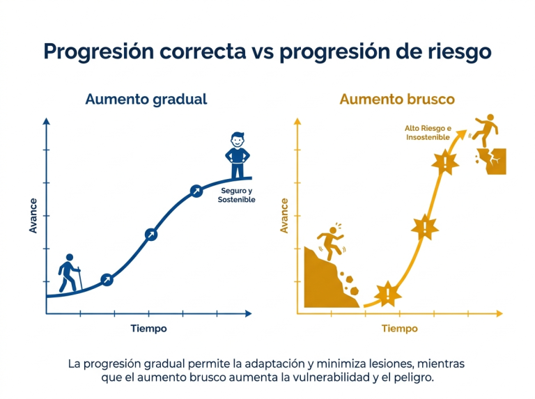 Infografía comparando la progresión correcta y la progresión de riesgo al correr