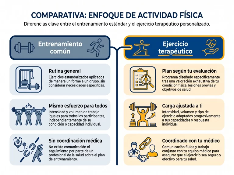 infografía que compara el ejercicio terapéutico con el entrenamiento común