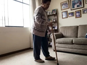 mujer mayor caminando despacio en su sala con bastón durante su recuperación tras una prótesis de cadera o rodilla