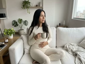 mujer en recuperación tras una abdominoplastia sentada junto a una ventana con la mano apoyada en el abdomen