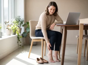 persona con piernas hinchadas en el trabajo apoyando la mano en la pantorrilla