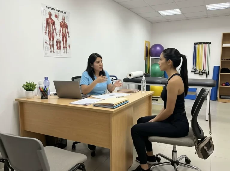 fisioterapeuta explicando el proceso de recuperación tras una abdominoplastia Prompt: